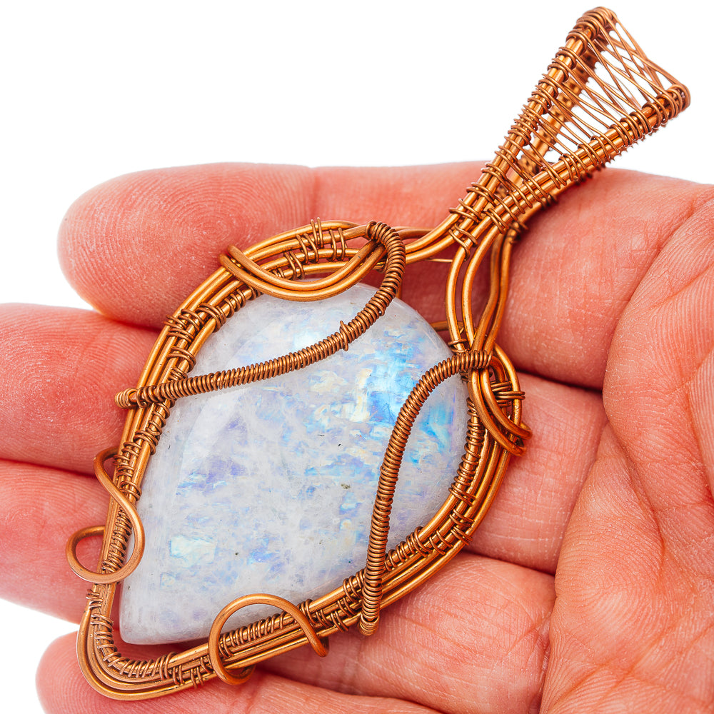 Rainbow Moonstone Wire Warp Pendant 3 1/4" (Copper)