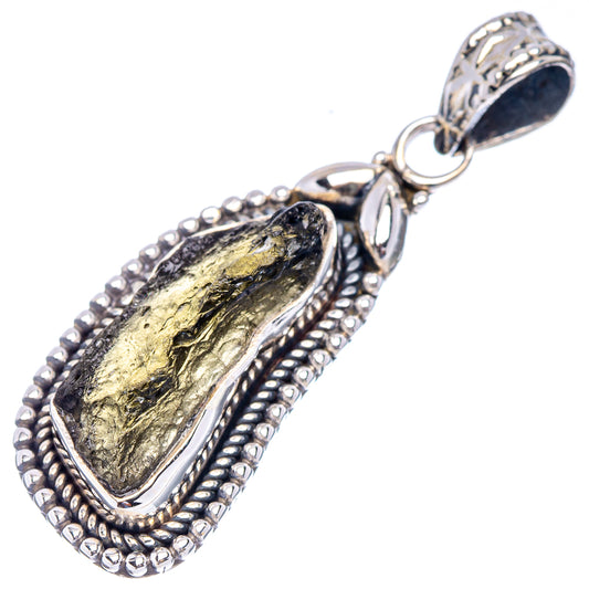 Sterling silver moldavite pendant with dark green gold-toned stone, beaded bezel and bail