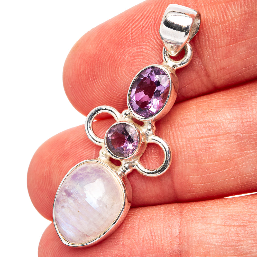 Rainbow Moonstone, Amethyst Pendant 1 5/8" (.925 Sterling Silver)