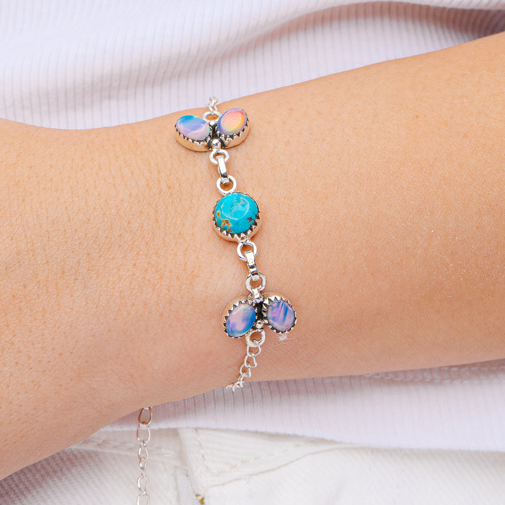 Southwestern Style Aurora Opal, Mohave Turquoise Bracelet 8 3/8" (.925 Sterling Silver)