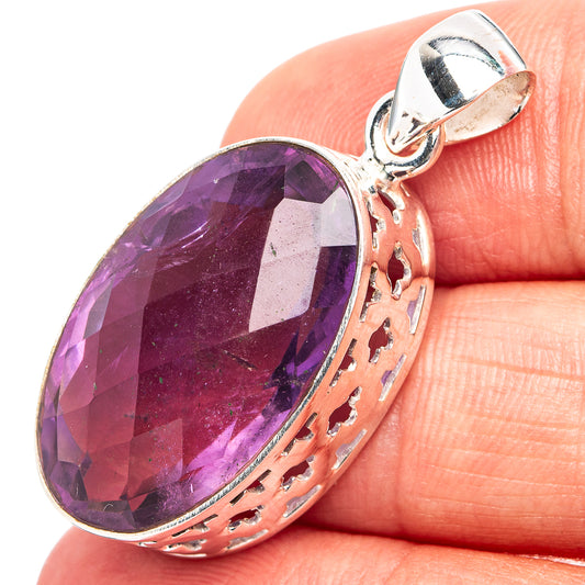 Faceted amethyst pendant in .925 sterling silver, oval purple gemstone with openwork frame