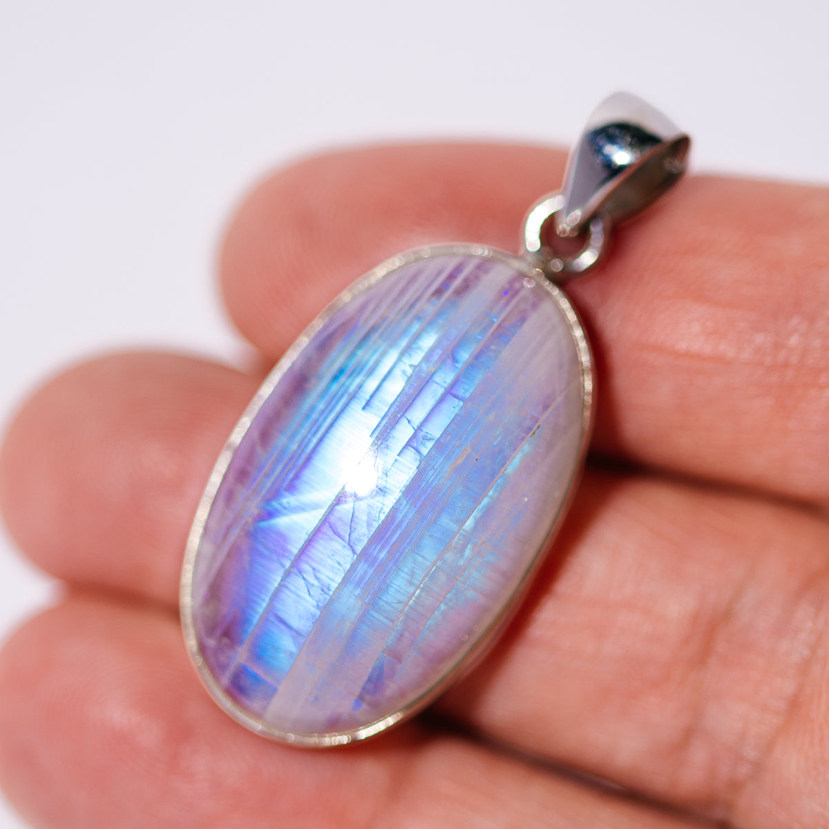 Large AAA Rainbow Moonstone Pendant 1 5/8" (.925 Sterling Silver)
