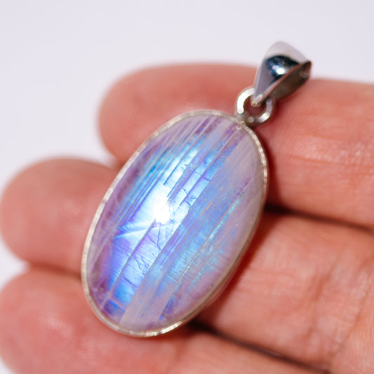 Large AAA Rainbow Moonstone Pendant 1 5/8" (.925 Sterling Silver)