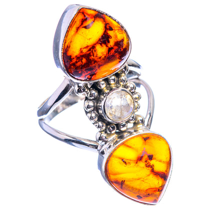 Large Baltic Amber, Rainbow Moonstone Ring Size 7.5 (925 Sterling Silver) R142204