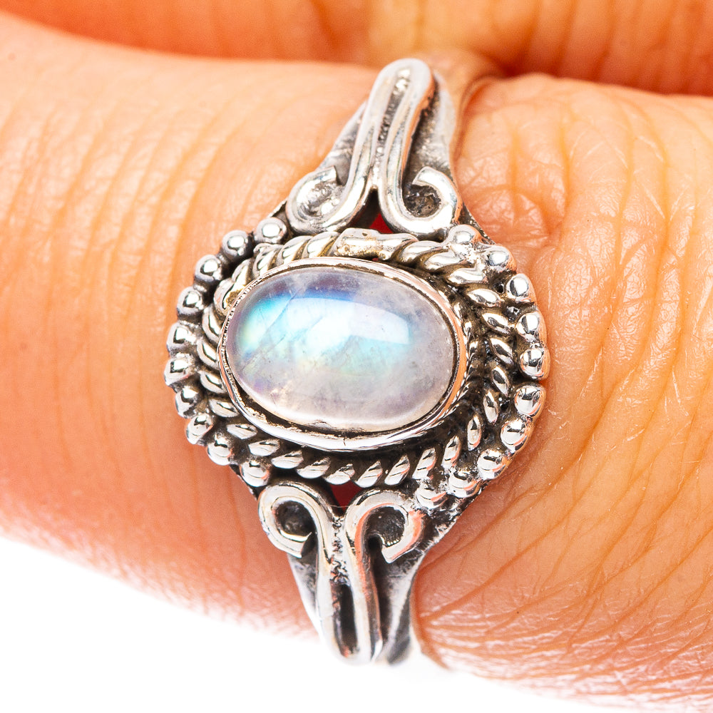 Dainty 925 sterling silver ring with oval rainbow moonstone cabochon, ornate edge