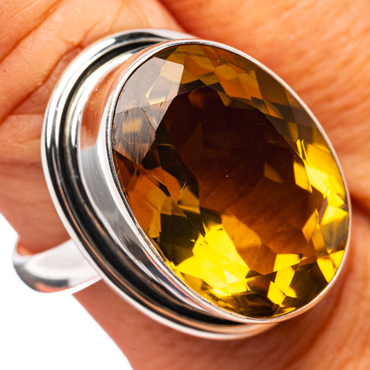 Oval amber beer quartz gemstone set in .925 sterling silver ring, size 10