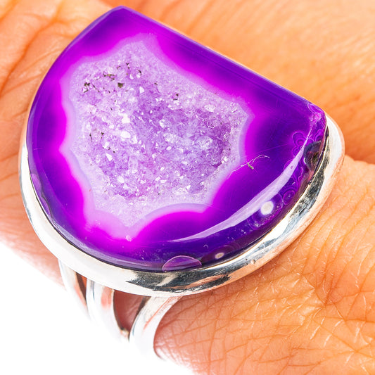 Purple druzy agate ring with sterling silver band, large teardrop setting