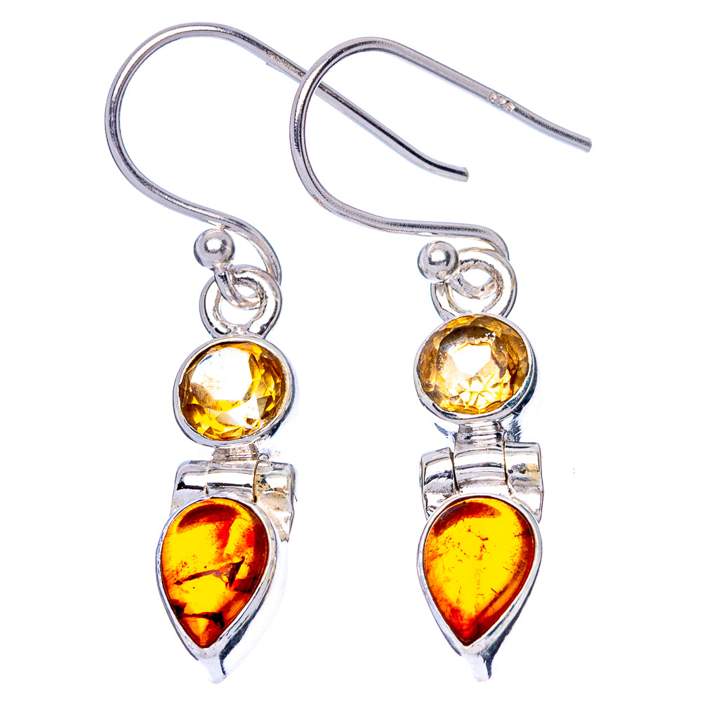 Sterling silver drop earrings with round citrine and amber teardrop stones on hooks