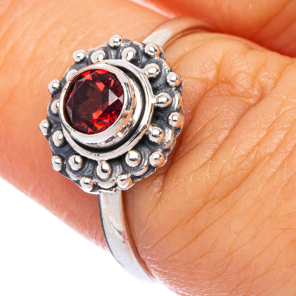 Garnet dainty ring, size 7, 925 sterling silver with round red gemstone halo