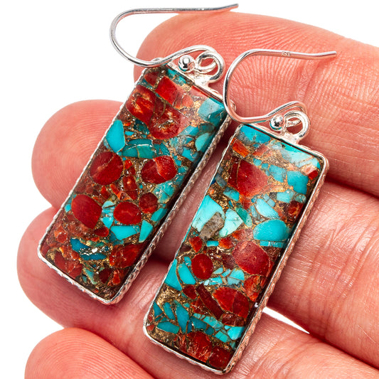 Rectangular coral turquoise matrix earrings with sterling silver borders and fishhook backs