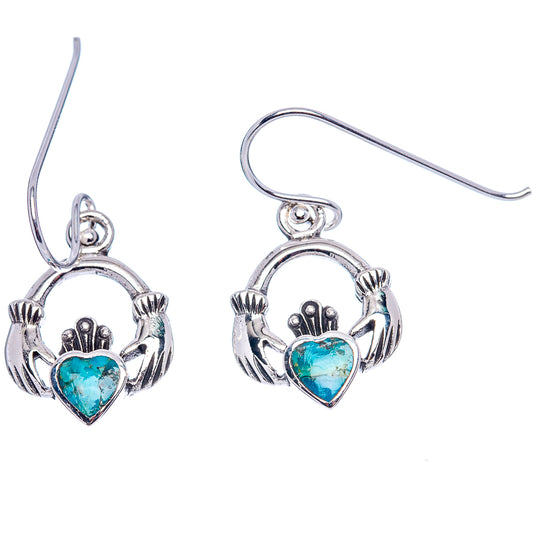 Sterling silver heart dangle earrings with turquoise inlaid heart and hook backs.