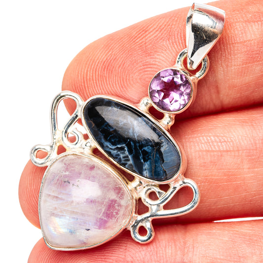 Sterling silver gemstone pendant with oval pietersite, moonstone, and small amethyst top