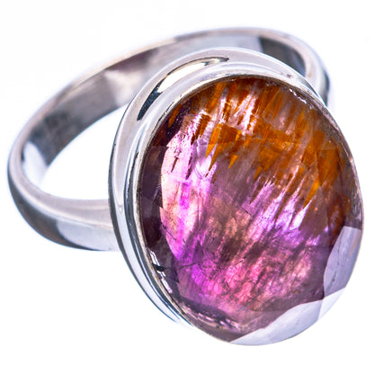 925 sterling silver ring with oval cacoxenite cabochon, orange and magenta color play