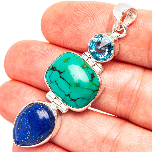 925 sterling silver gemstone pendant with turquoise oval and blue round stones