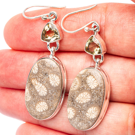 Sterling silver dangle earrings with oval fossil coral and lemon quartz top, fishhooks