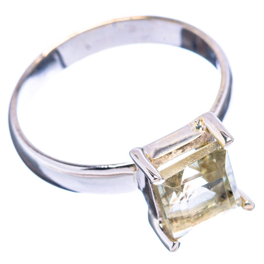 Sterling silver ring featuring green faceted square gemstone in prongs