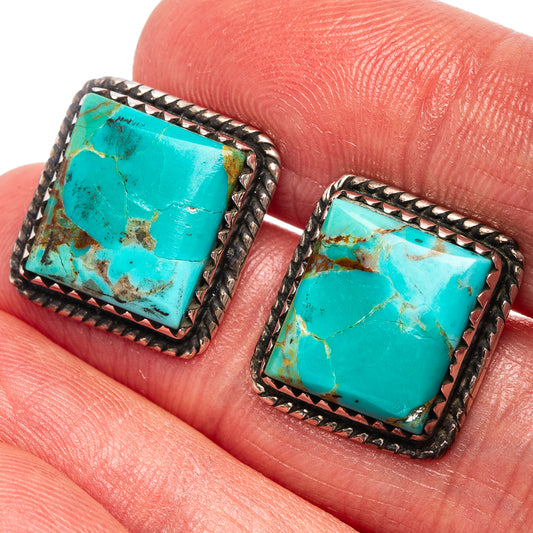 Turquoise square stone earrings with rope-edged .925 silver bezel