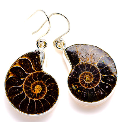 Ammonite Fossil Earrings 1 1/2" (925 Sterling Silver) EARR432115