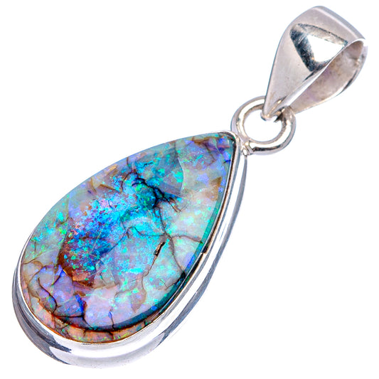Sterling silver teardrop opal pendant, polished rim and ring bail, blue-green mosaic