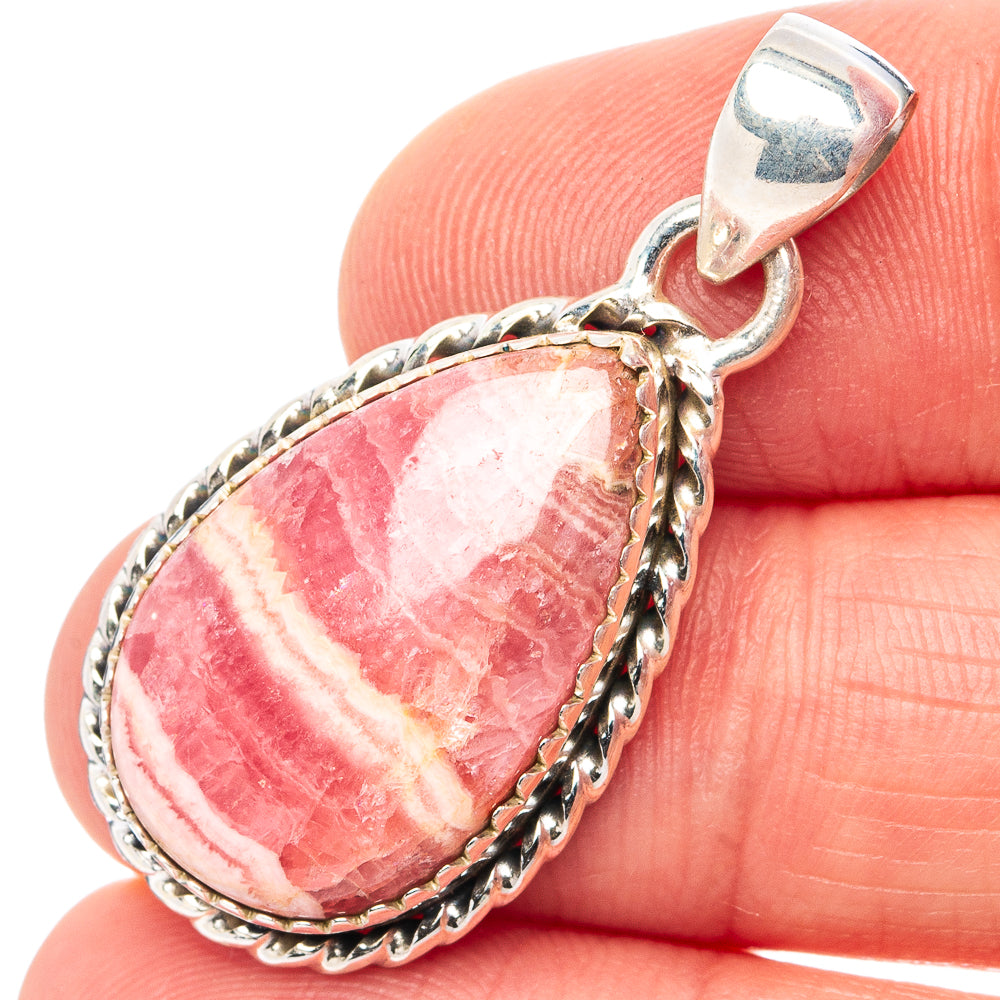 Teardrop rhodochrosite pendant in .925 sterling silver, rope border and loop bail