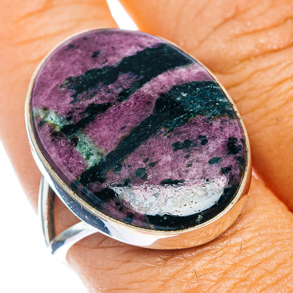 Oval cabochon ruby in zoisite sterling silver ring, purple and green, size 10