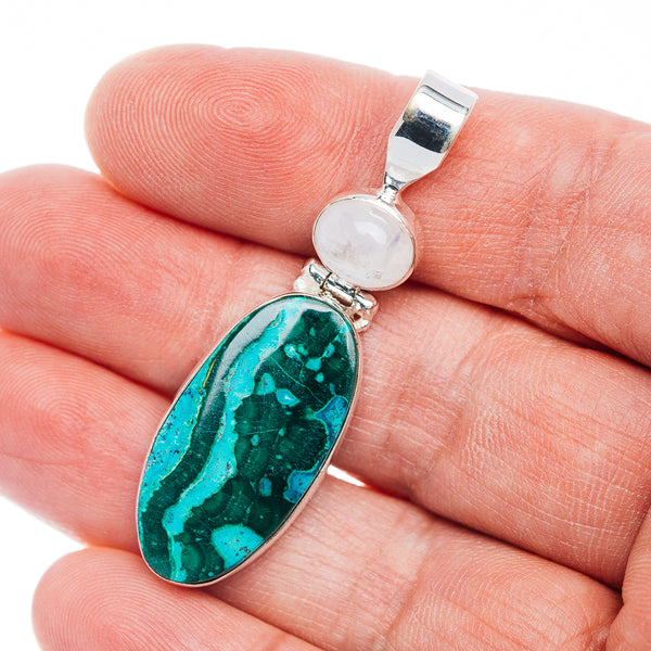 Premium Malachite In Chrysocolla, Rainbow Moonstone Pendant 1 7/8" (.925 Sterling Silver)