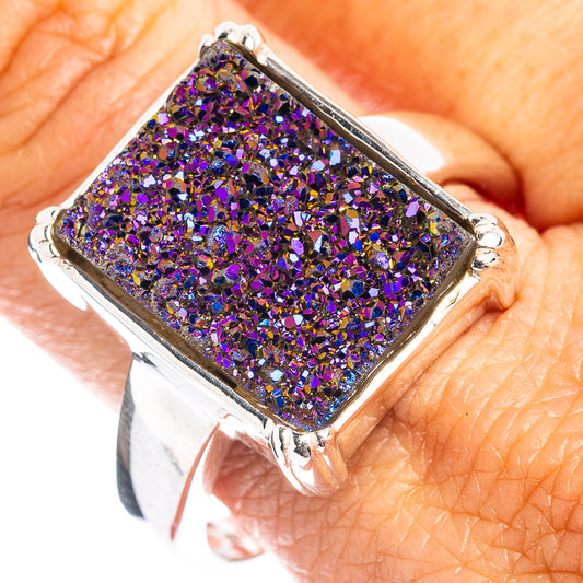 Square purple druzy ring in .925 sterling silver bezel setting
