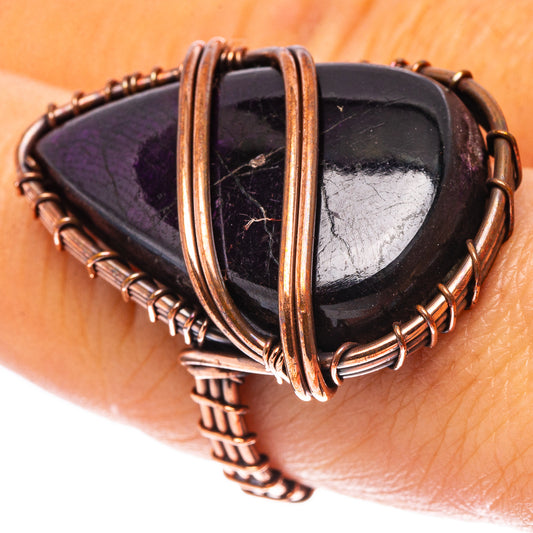 Jet ring with dark triangular stone and oxidized copper wire frame, size 6.75