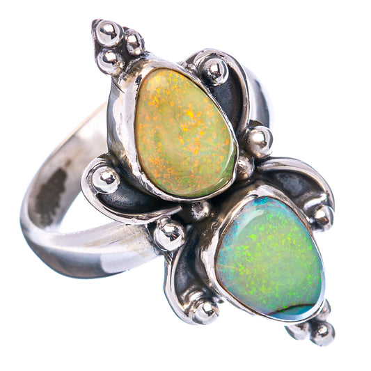 Adjustable .925 sterling silver ring with two oval opals, green and blue-green highlights