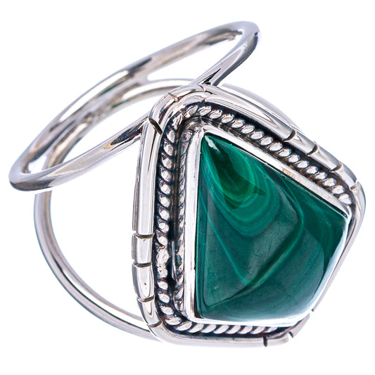 Sterling silver malachite cabochon ring, teardrop cutout band with green stone