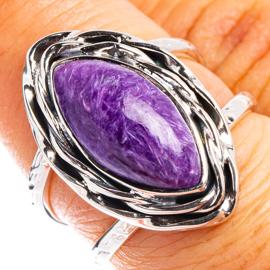 Size 6.75 sterling silver ring with purple oval charoite gemstone bezel
