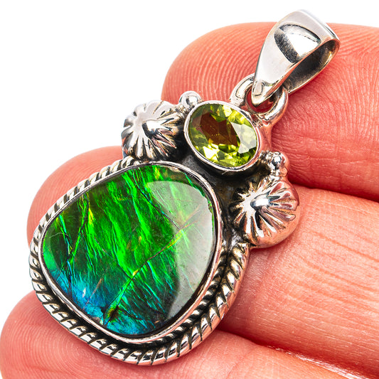 Sterling silver pendant with heart ammolite green-blue and peridot green stone top