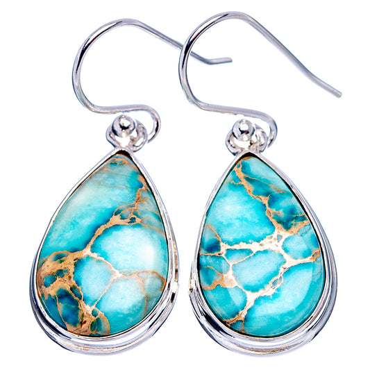 Blue turquoise teardrop earrings with marbled imperial jasper stones, sterling silver hooks