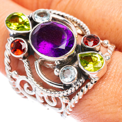 Signature Faceted Amethyst, Peridot, Garnet, Blue Topaz Ring Size 8.75 (925 Sterling Silver) R1786