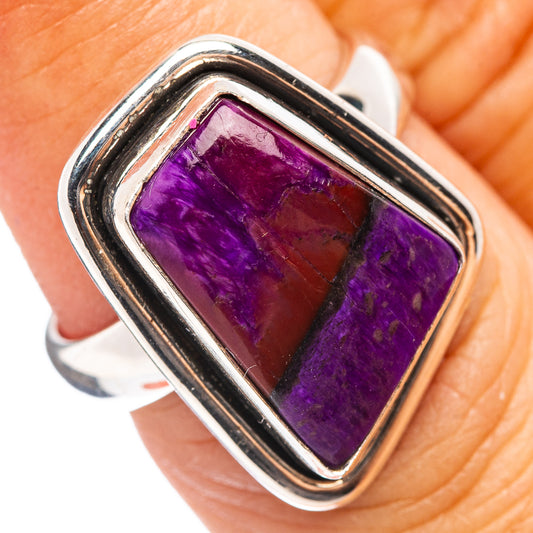 Sterling silver ring with rectangular purple sugilite gemstone in double bezel