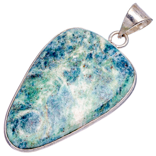 Kyanite teardrop pendant with silver-toned bail, blue-green stone cabochon.
