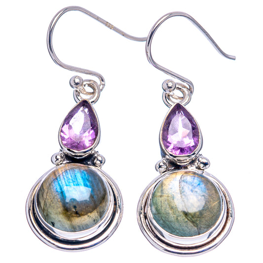 Sterling silver labradorite and amethyst drop earrings, purple teardrop above blue oval