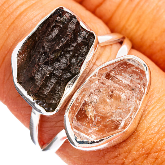 Sterling silver statement ring with dark brown stone and clear quartz cabochon settings