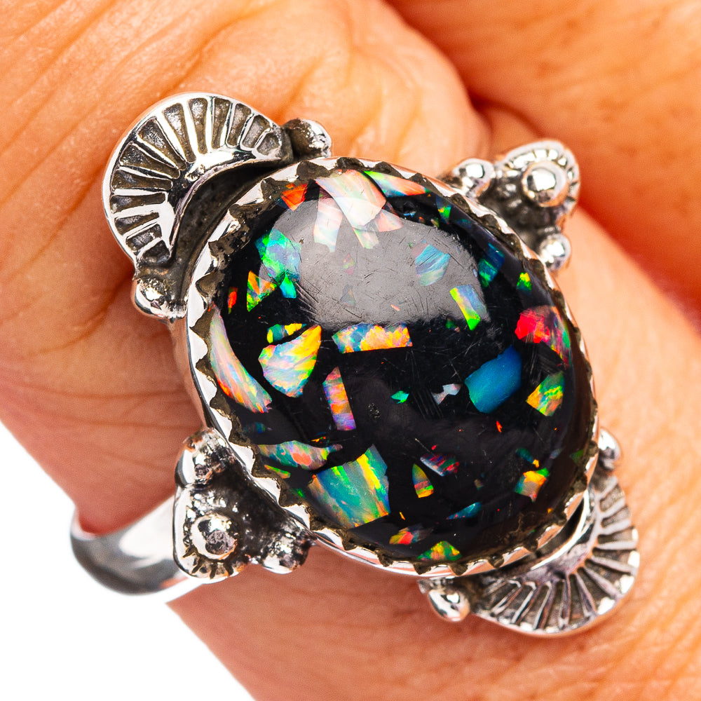 Southwestern Style Mosaic Opal Ring Size 9 Adjustable (.925 Sterling Silver)