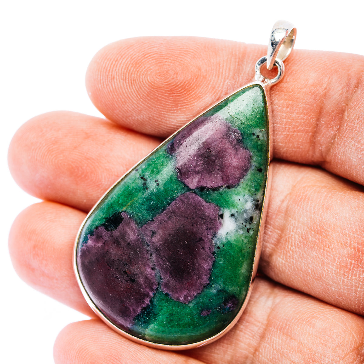 Sterling silver teardrop pendant with green and purple zoisite stone, polished bezel