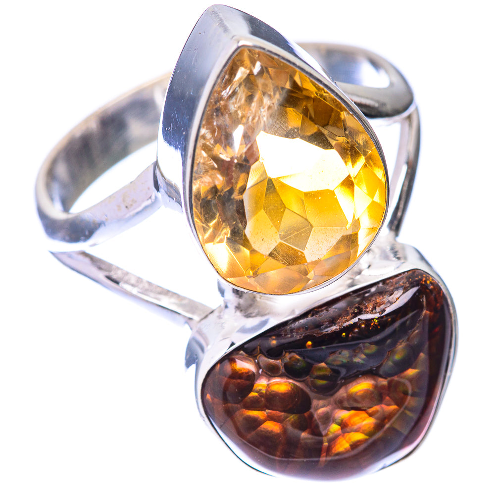 Sterling silver ring with large faceted golden teardrop stone and dark amber fire agate