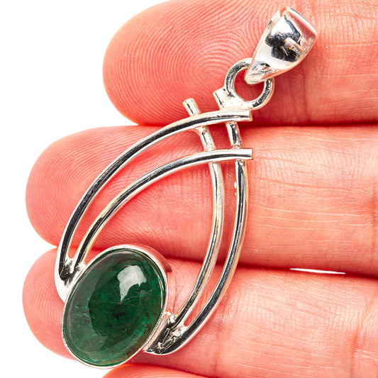 Oval green emerald pendant in .925 sterling silver, openwork teardrop setting