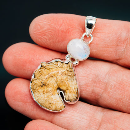 Premium Picture Jasper Horse, Rainbow Moonstone Pendant 1 3/4" (.925 Sterling Silver)