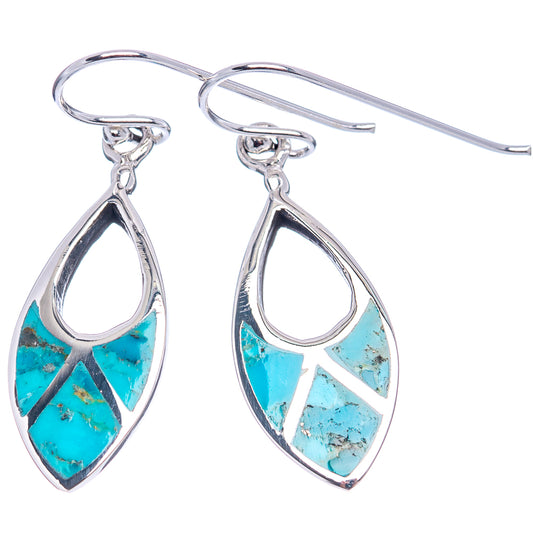 Turquoise inlay teardrop earrings, .925 sterling silver drop style with fishhook
