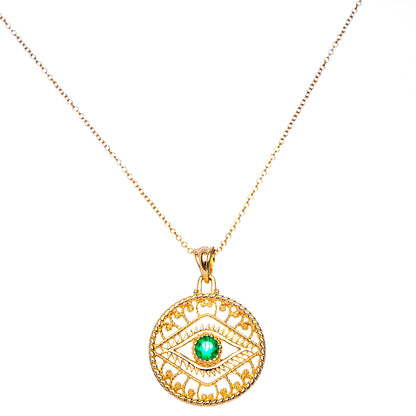 Gold Plated Green Onyx Eye Necklace 18" (925 Sterling Silver) N90083