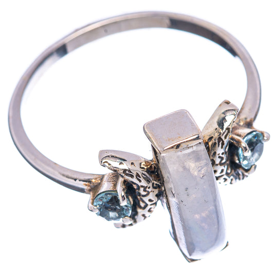 Sterling silver ring with vertical rectangular moonstone and two small round blue stones