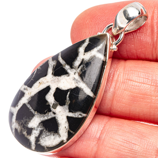Septarian gronate pendant in .925 sterling silver, black with white veining teardrop
