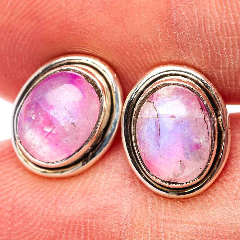 Pink moonstone stud earrings in oval .925 sterling silver bezel setting