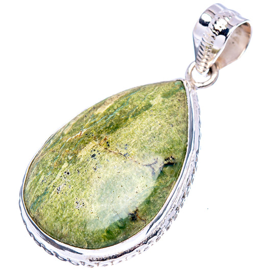 Green opal teardrop pendant with .925 sterling silver scalloped bezel and bail
