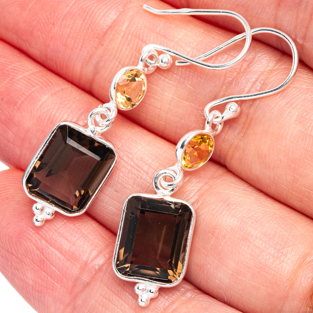 Sterling silver earrings with dark smoky quartz square and oval citrine dangles